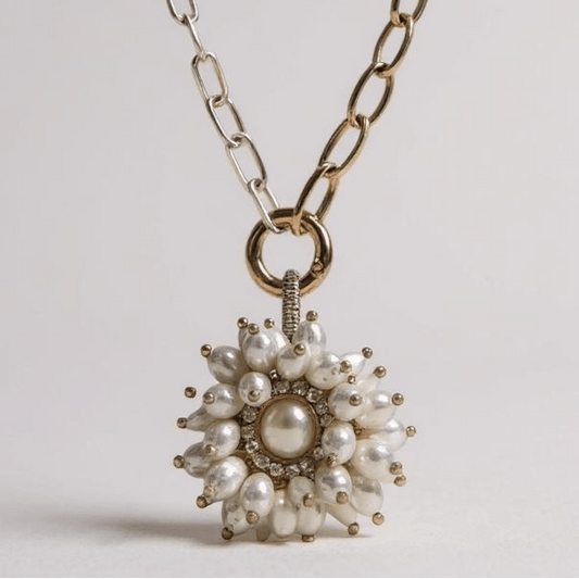 Vintage Bespoke Sterling Silver and Gold Show Pearl Flower Necklace - Necklace