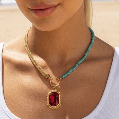 Vintage Bespoke Turquoise Gold and Hot Pink Necklace - Necklace