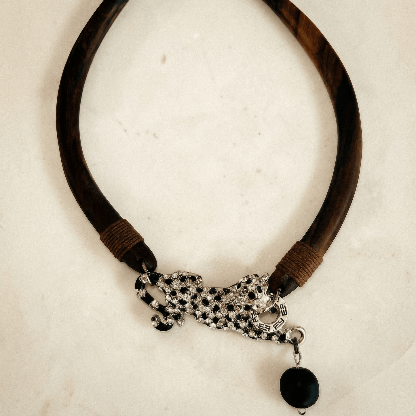 Vintage Wood and Big Cat Statement Necklace - Necklace
