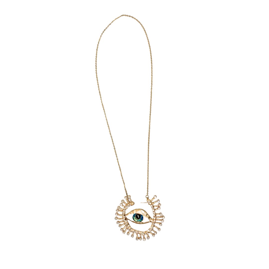 Bright Eyes Gold Statement Brooch Necklace-Brooch