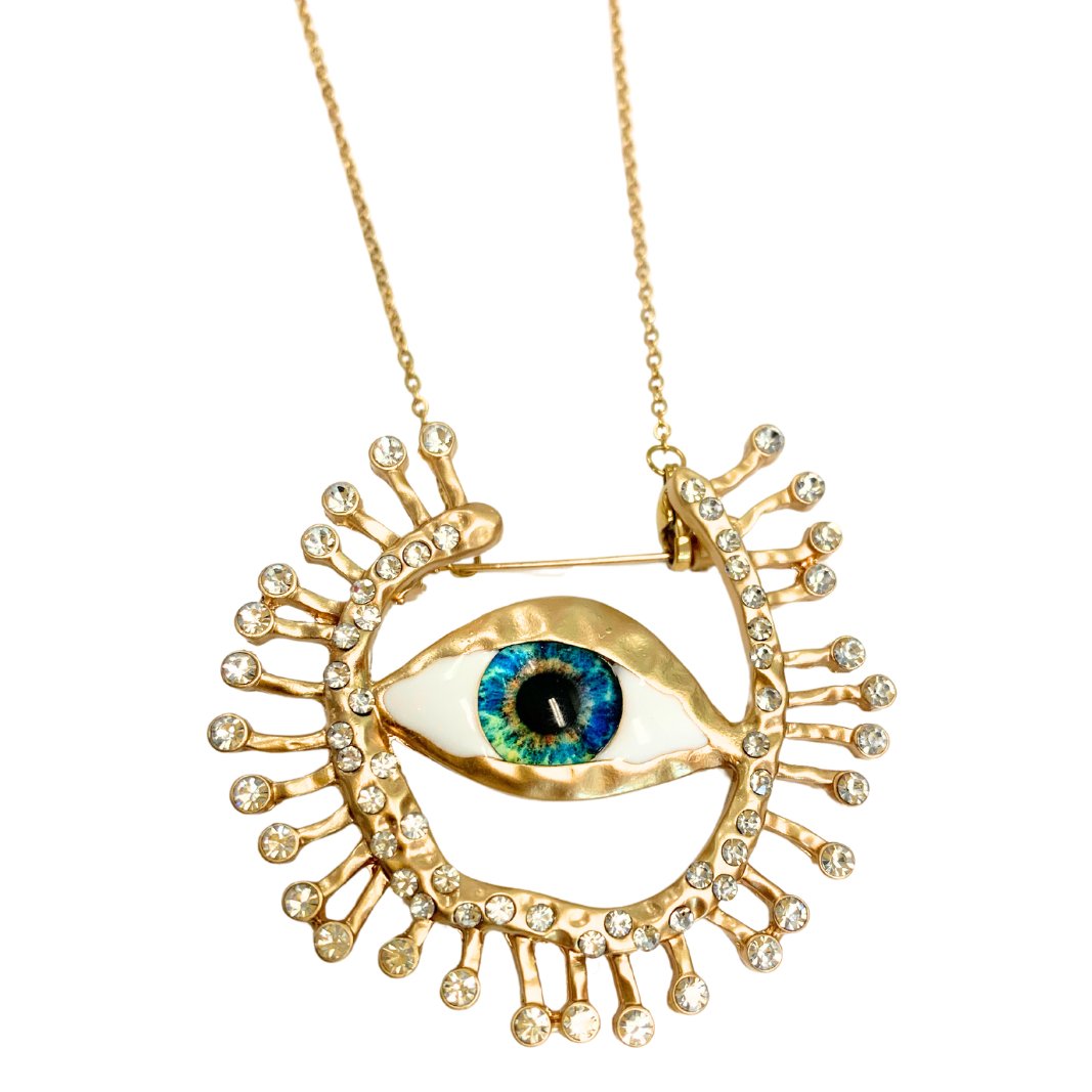 Bright Eyes Gold Statement Brooch Necklace-Brooch