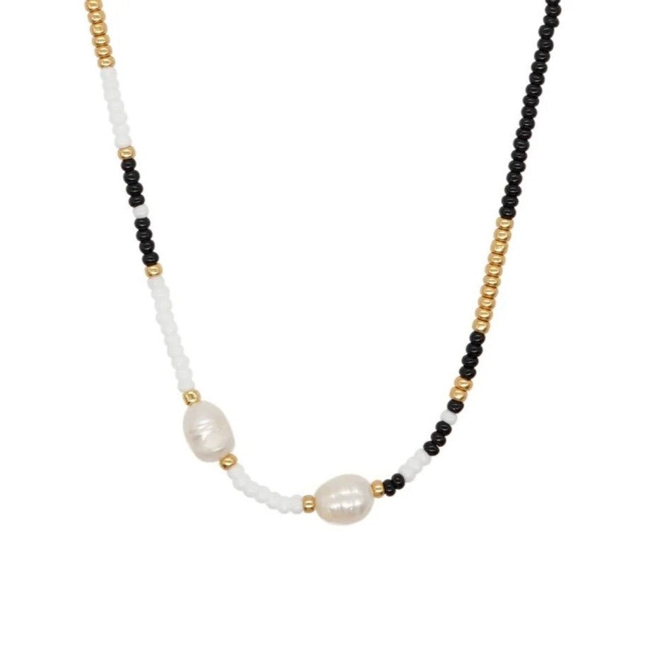 El Mariachi Beaded Black Gold and Pearl Necklace-