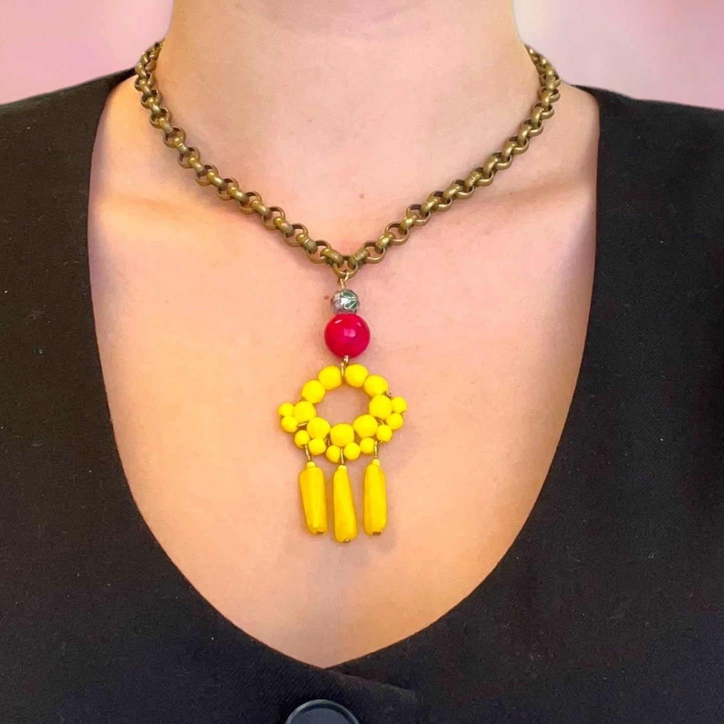 1 of 1 Bespoke Beaded Sunshine, Fuschia and Gold Statement Necklace-Necklace