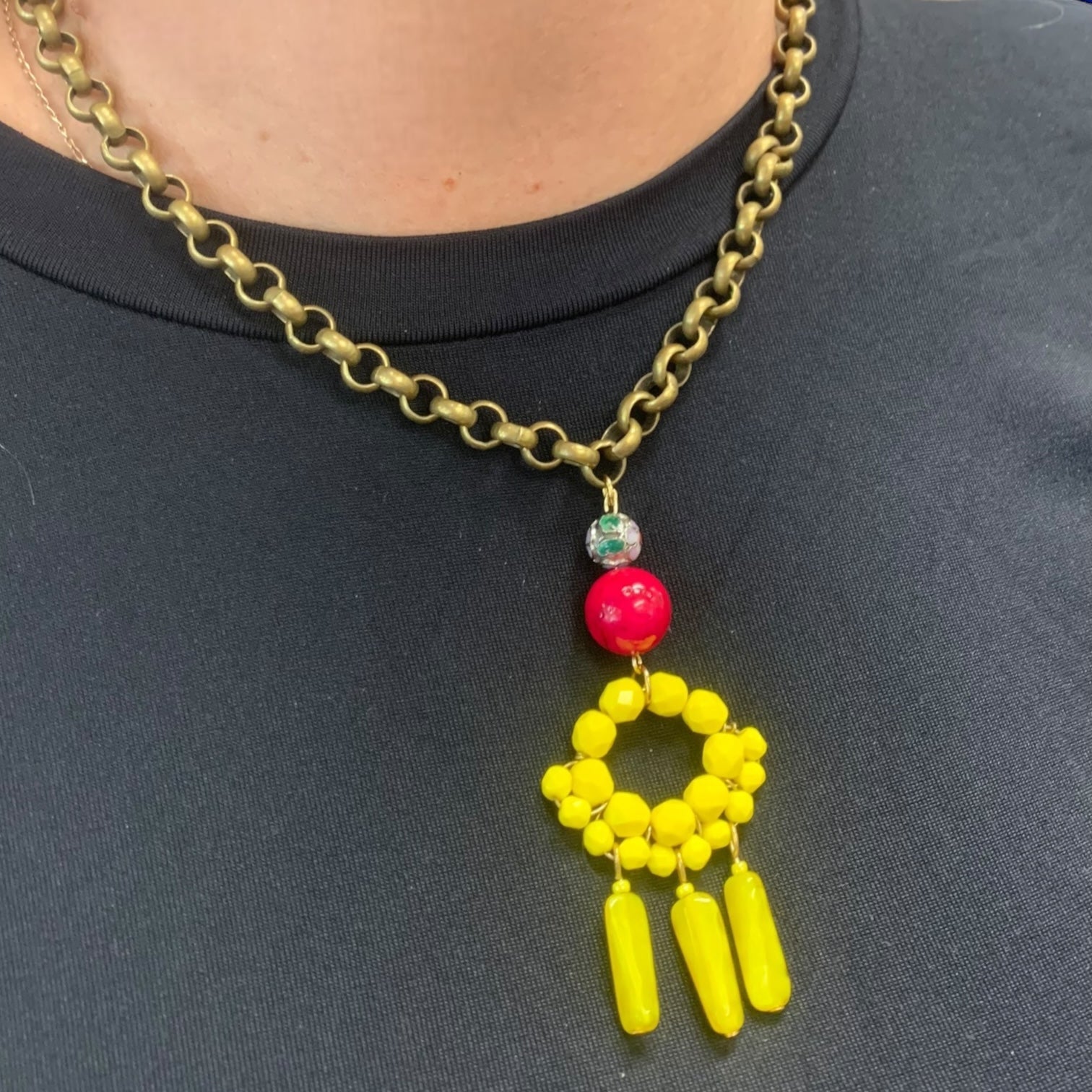 1 of 1 Bespoke Beaded Sunshine, Fuschia and Gold Statement Necklace-Necklace