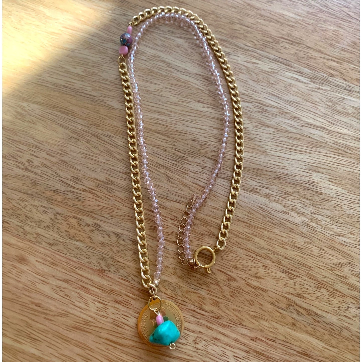 1 of 1 Bespoke Soft Pink, Turquoise and Gold Multiwear Statement Necklace-Necklace
