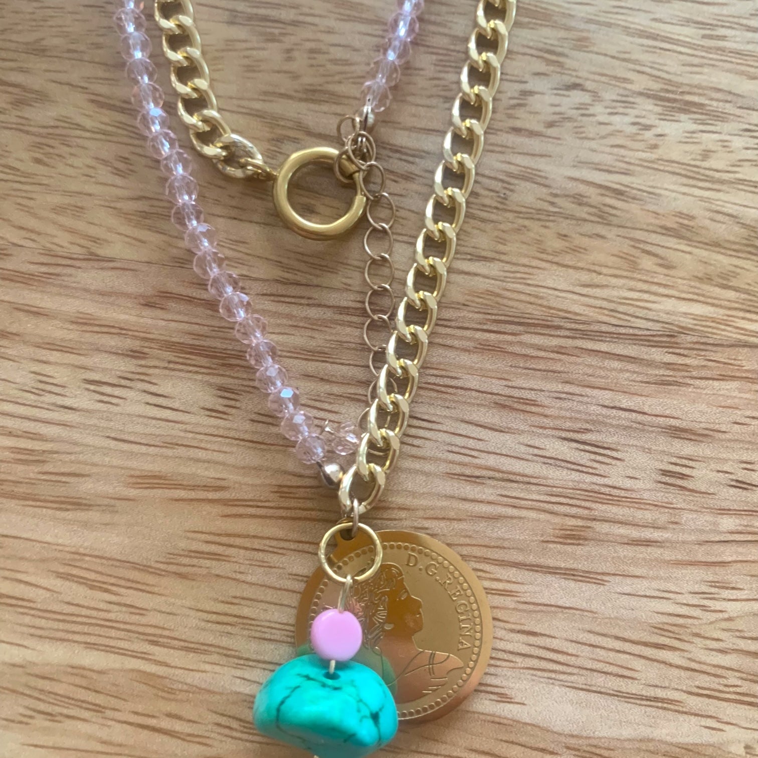 1 of 1 Bespoke Soft Pink, Turquoise and Gold Multiwear Statement Necklace-Necklace
