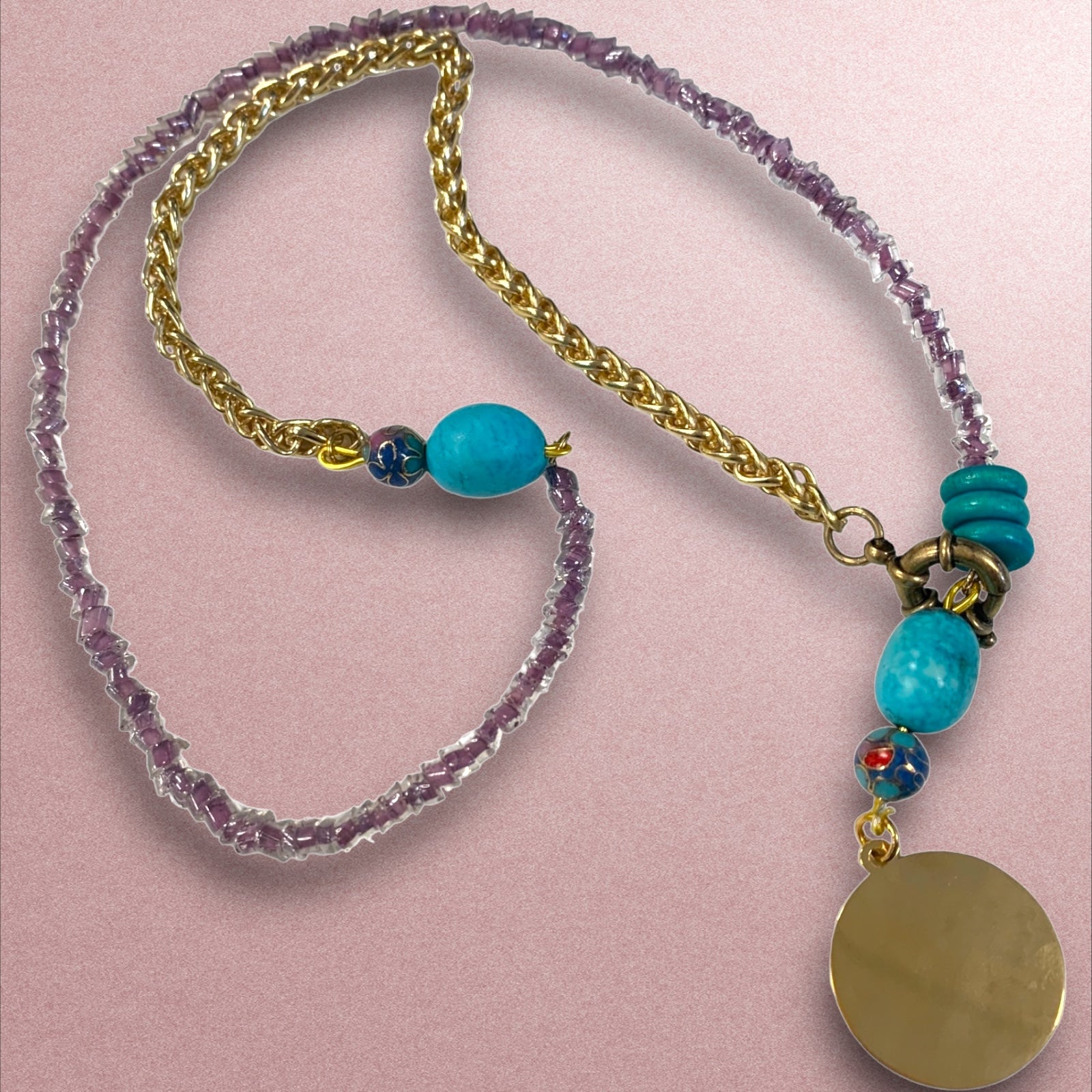 1 of 1 Bespoke Violet, Turquoise and Gold Long Beaded Necklace-Necklace