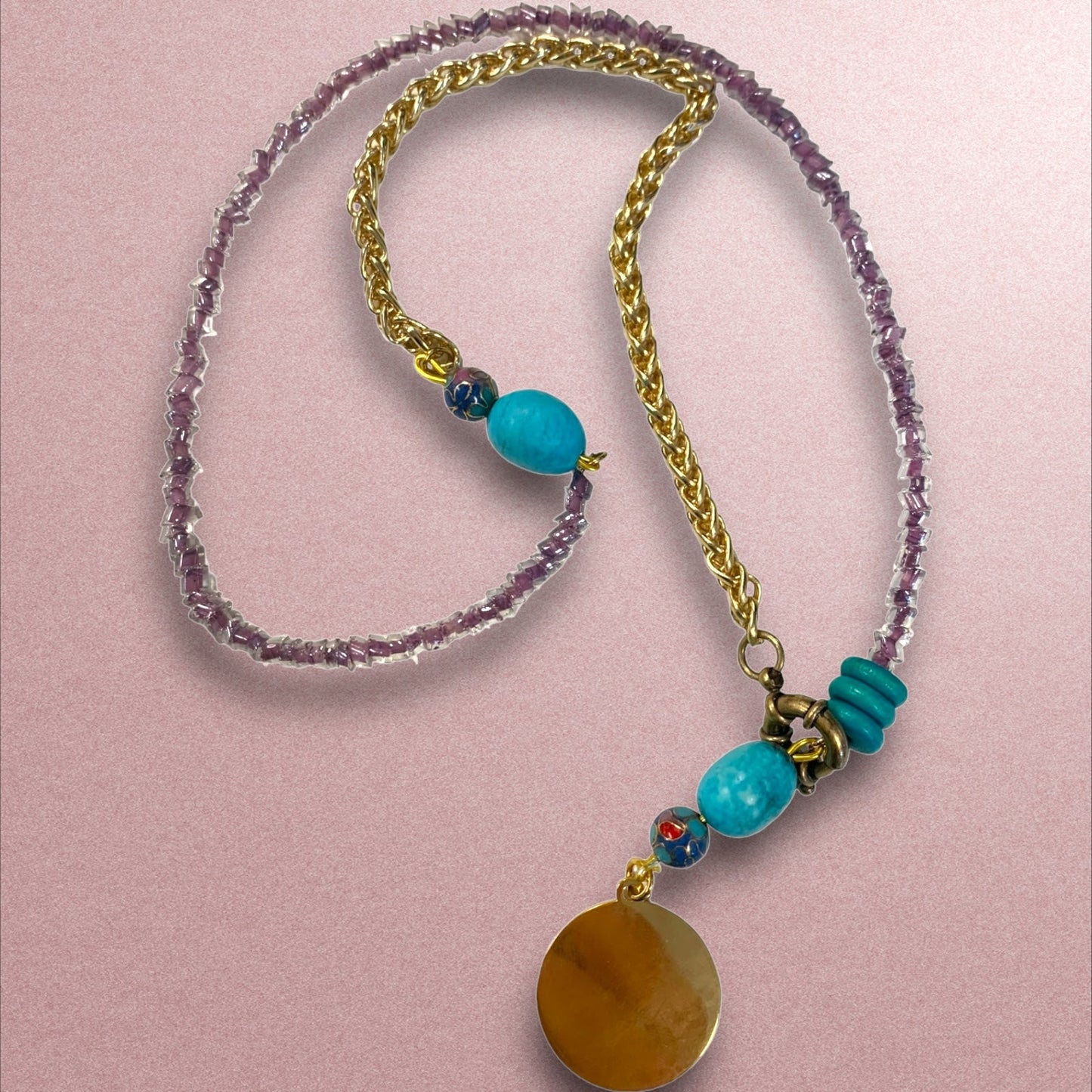 1 of 1 Bespoke Violet, Turquoise and Gold Long Beaded Necklace-Necklace