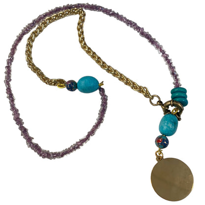 1 of 1 Bespoke Violet, Turquoise and Gold Long Beaded Necklace-Necklace