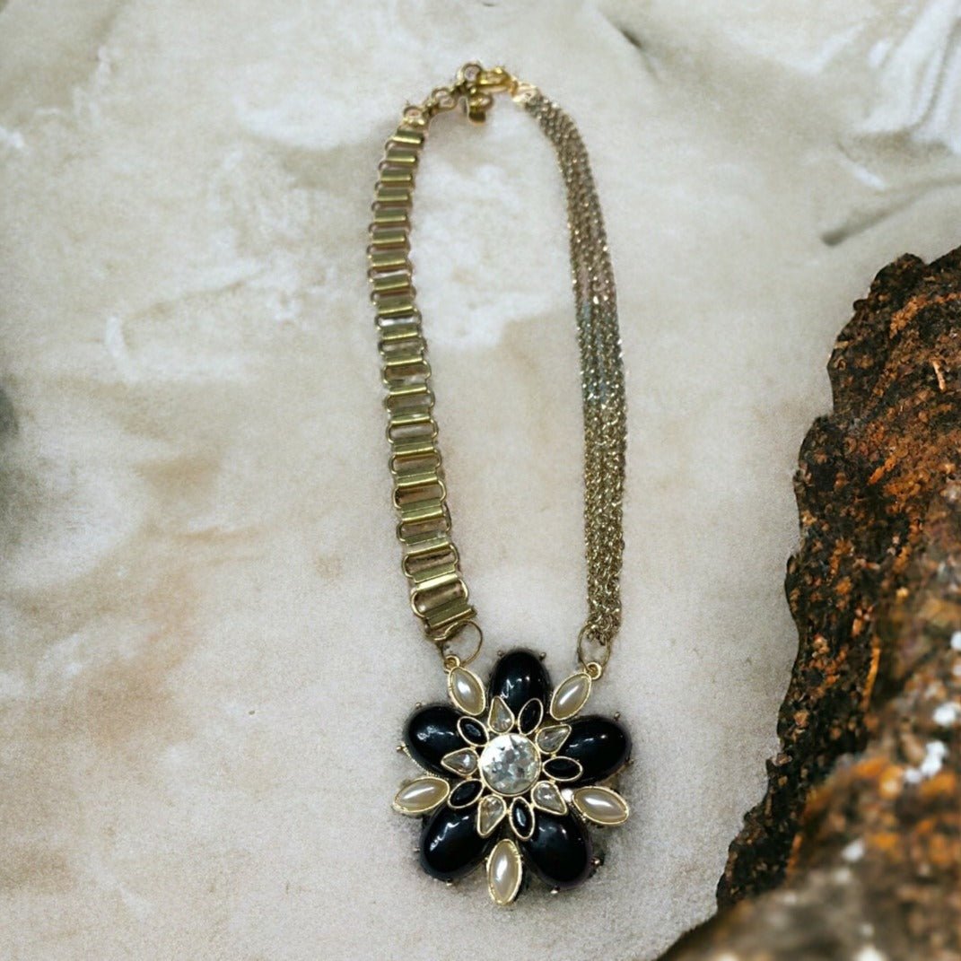 1 of 1 Black Flower and Mixed Gold Chain Statement Necklace-