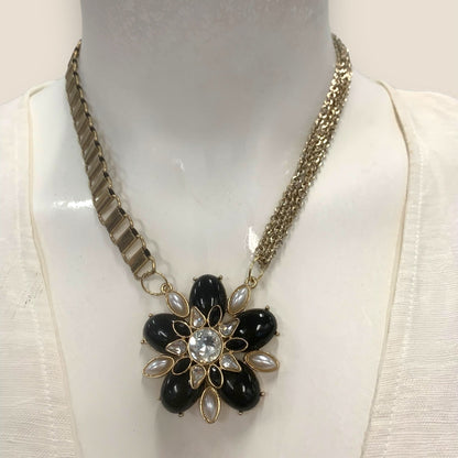 1 of 1 Black Flower and Mixed Gold Chain Statement Necklace-