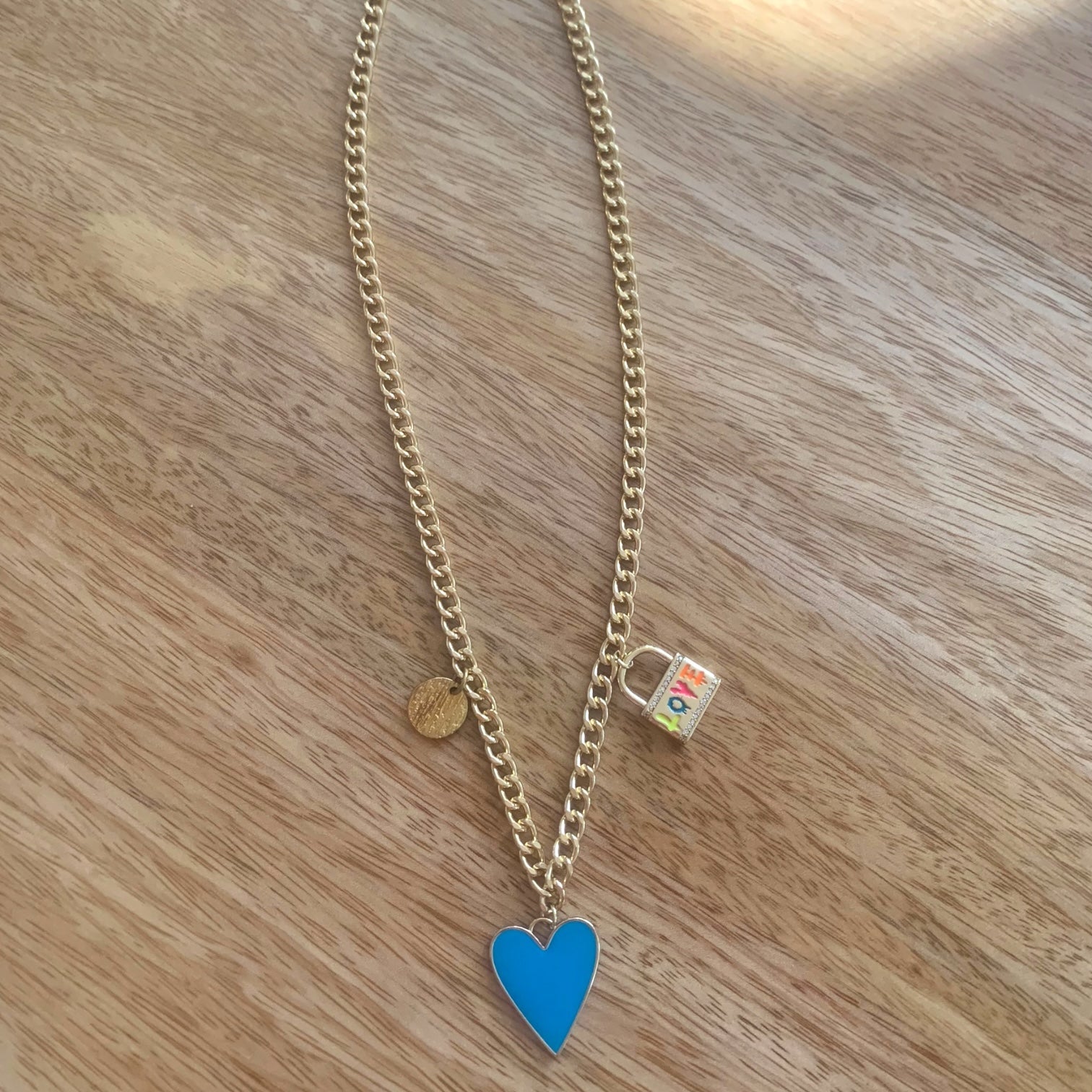 1 of 1 Blue Heart and Gold Love Charm Statement Necklace-Necklace