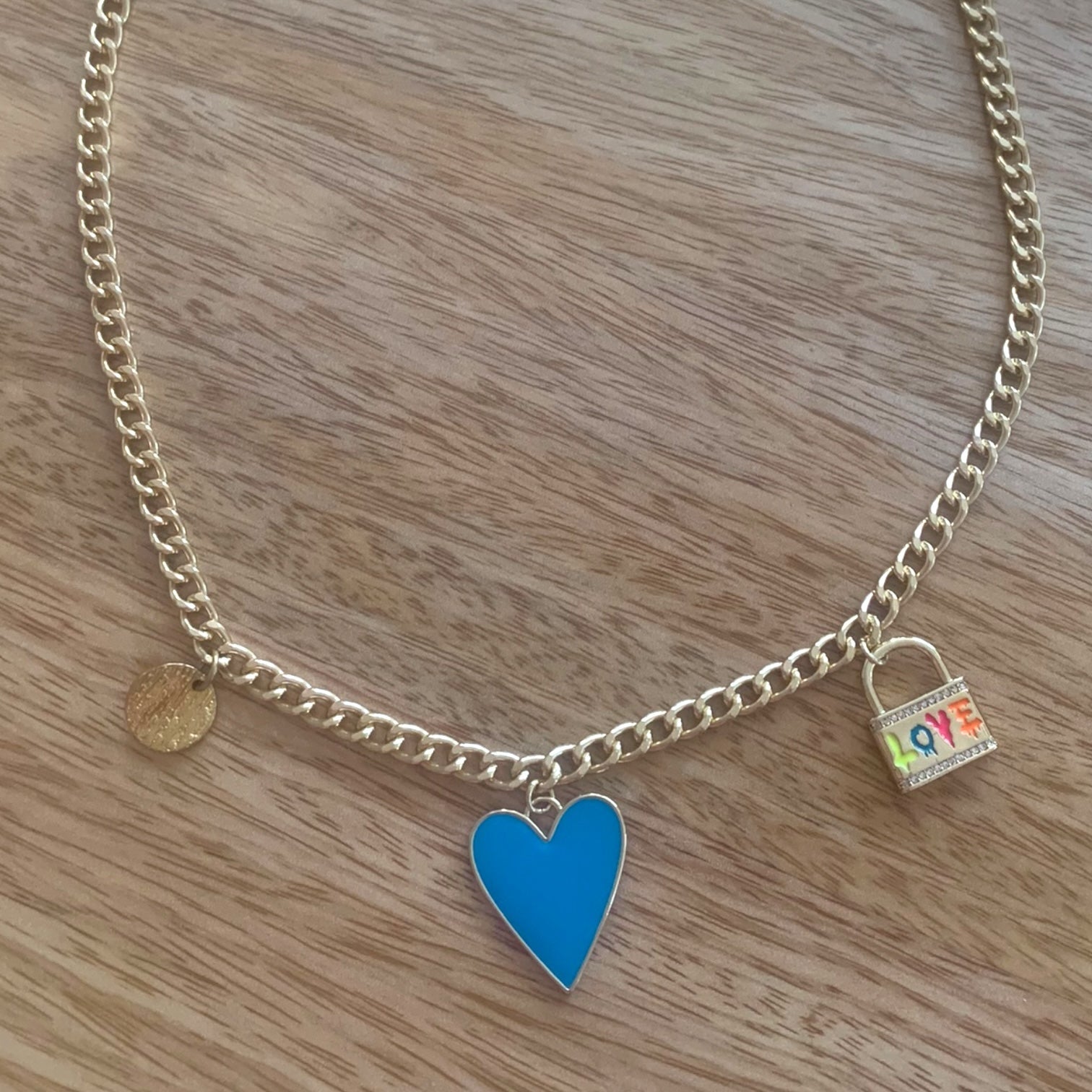 1 of 1 Blue Heart and Gold Love Charm Statement Necklace-Necklace