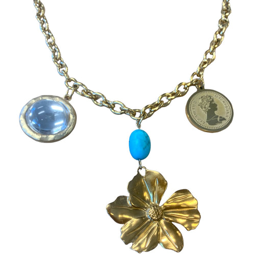 1 of 1 Flower Moon Beam Gold and Turquoise Statement Necklace-