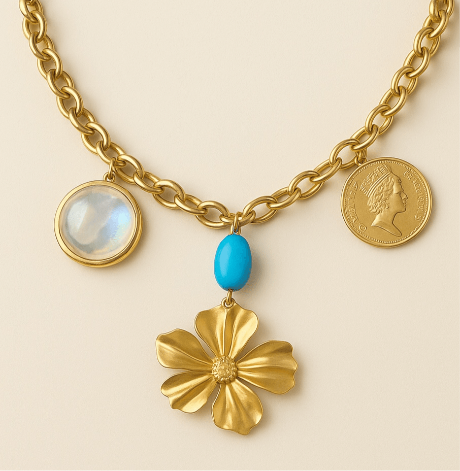 1 of 1 Flower Moon Beam Gold and Turquoise Statement Necklace - 