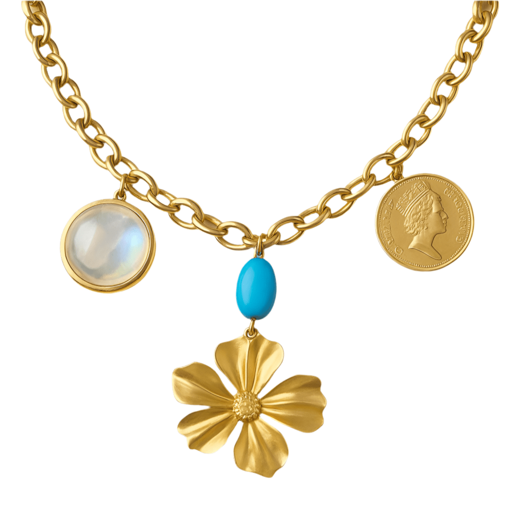 1 of 1 Flower Moon Beam Gold and Turquoise Statement Necklace - 
