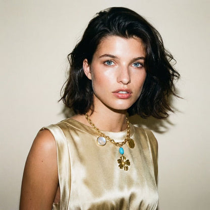 1 of 1 Flower Moon Beam Gold and Turquoise Statement Necklace - 