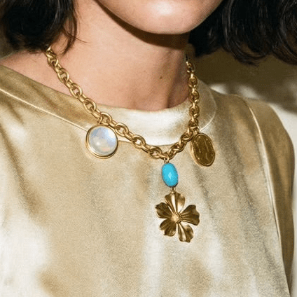 1 of 1 Flower Moon Beam Gold and Turquoise Statement Necklace - 