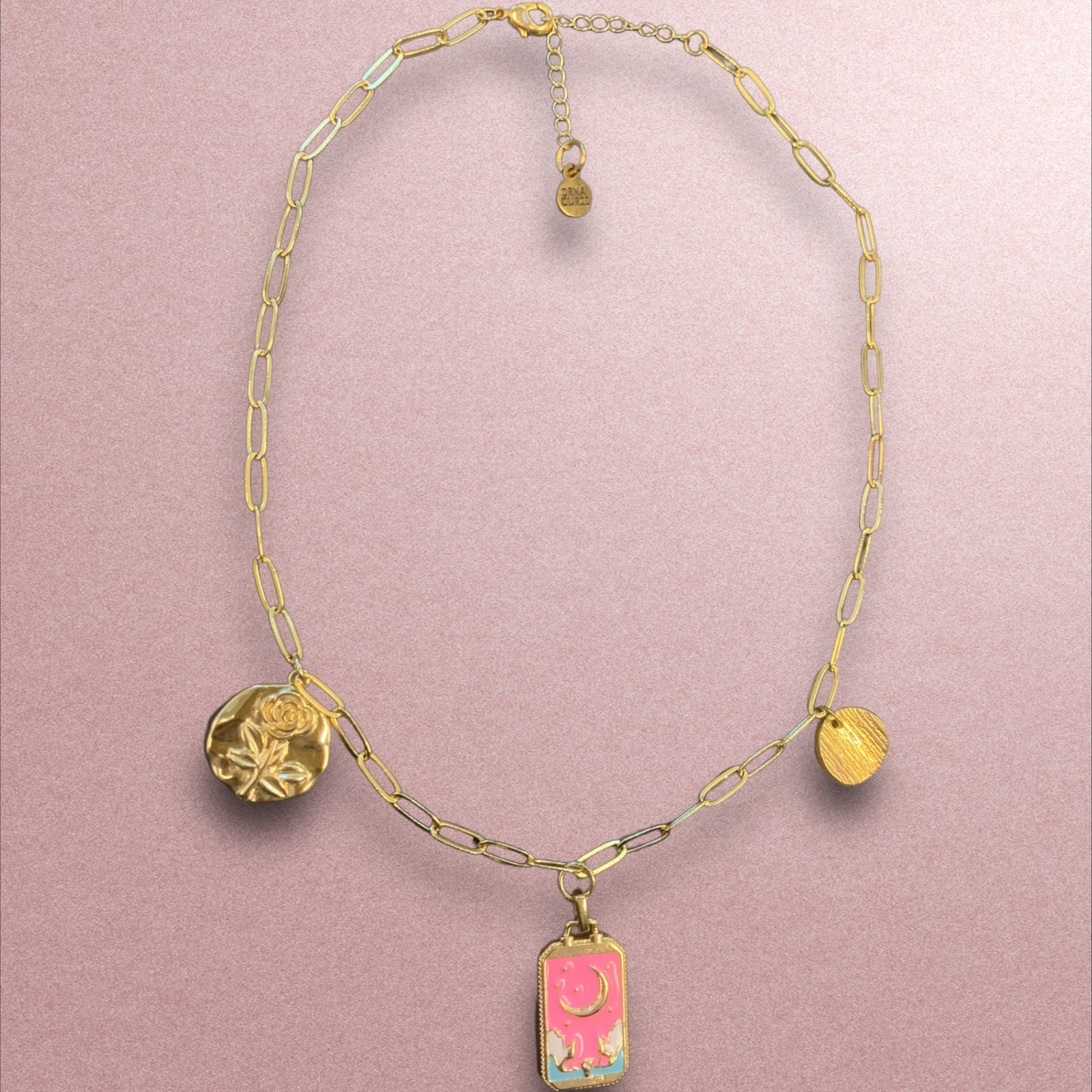 1 of 1 Gold and Pink Moon Tarot Charm Necklace-Necklace