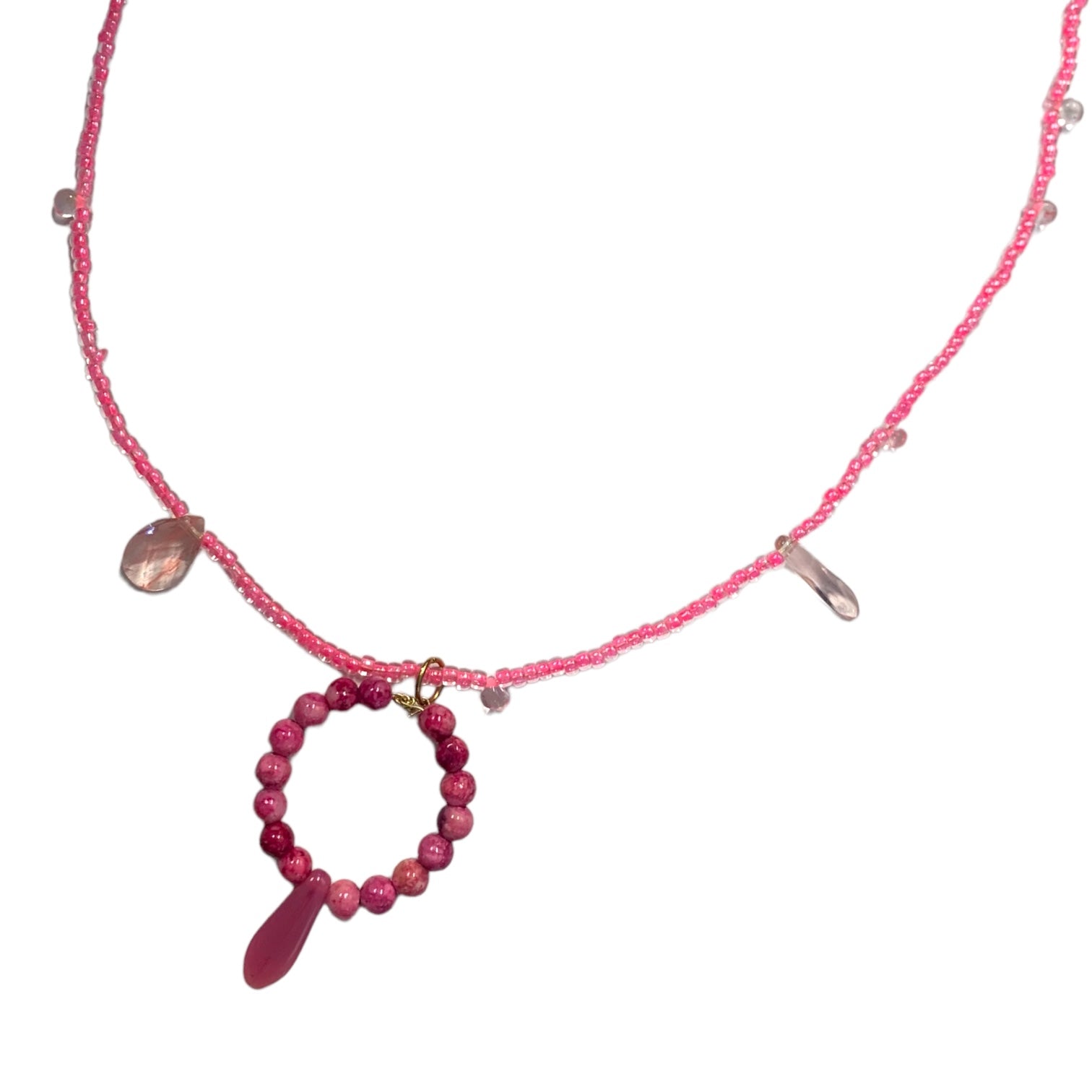 1 of 1 Hand-Beaded Czech Crystal Pink and Gold Necklace-