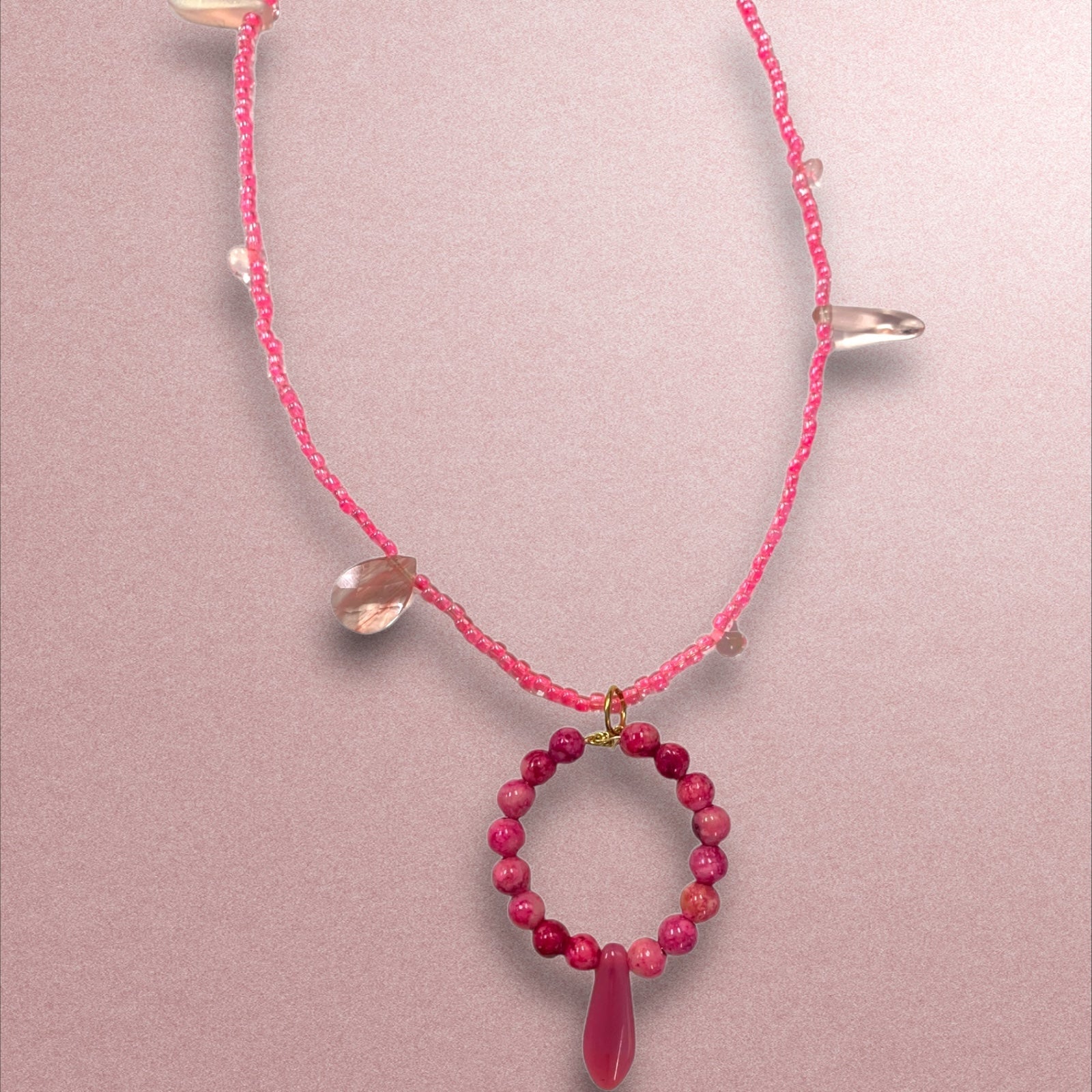 1 of 1 Hand-Beaded Czech Crystal Pink and Gold Necklace-