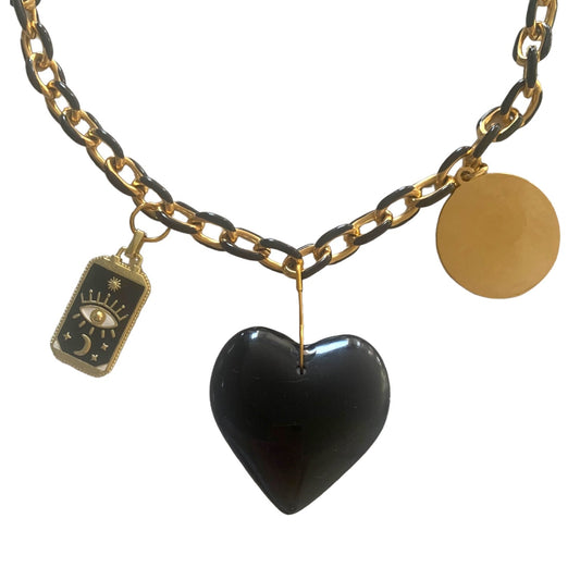 1 of 1 Tarot and Black Heart Charm Statement Necklace-