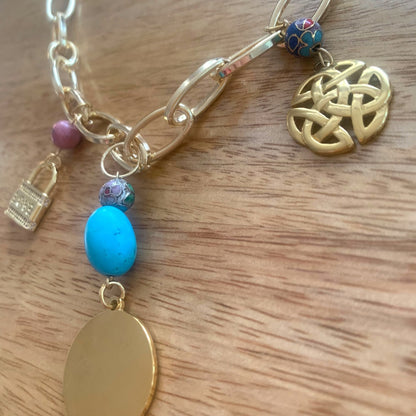 1 of 1 Turquoise and Gold Love Charm Statement Necklace-Necklace