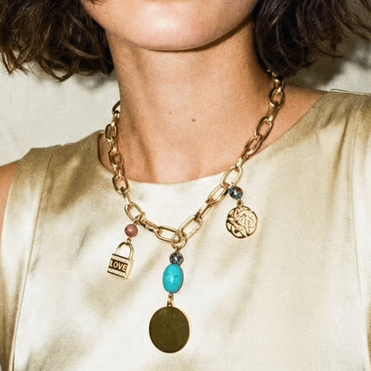 1 of 1 Turquoise and Gold Love Charm Statement Necklace - Necklace