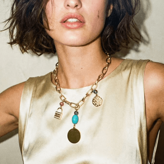 1 of 1 Turquoise and Gold Love Charm Statement Necklace - Necklace