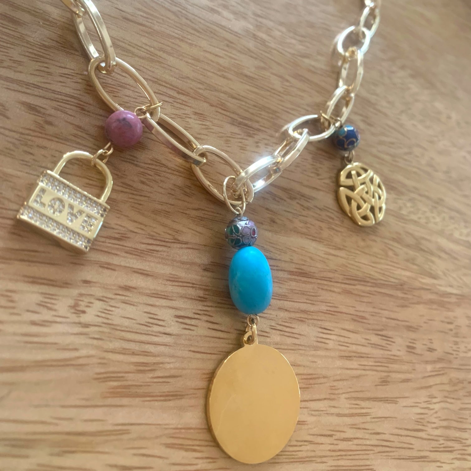 1 of 1 Turquoise and Gold Love Charm Statement Necklace-Necklace