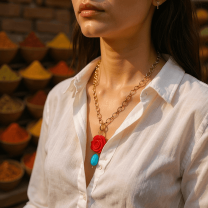1 of 1 Vintage Rose and Turquoise Bespoke Statement Necklace - 
