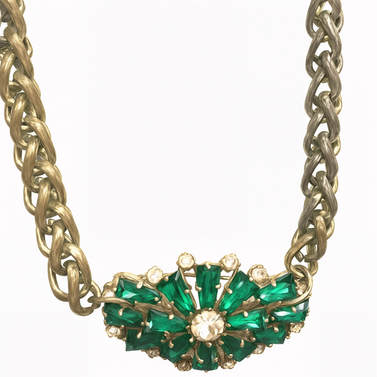Vintage Bespoke Emerald Brooch Necklace