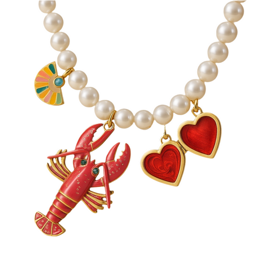 Pearl Gold Heart and Lobster Vintage Statement Charm Necklace