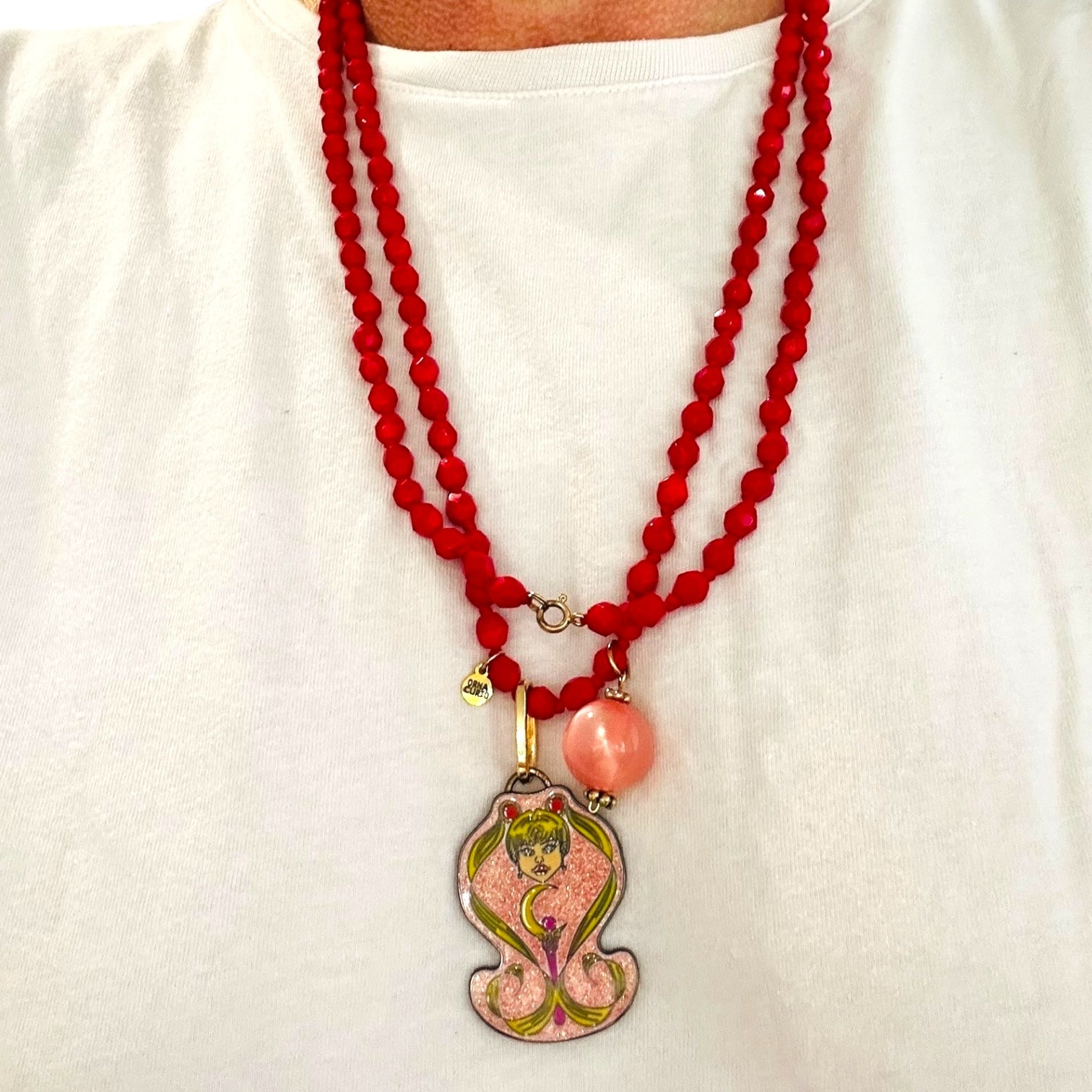 Angel Face Red and Pink Bespoke Vintage Necklace - 