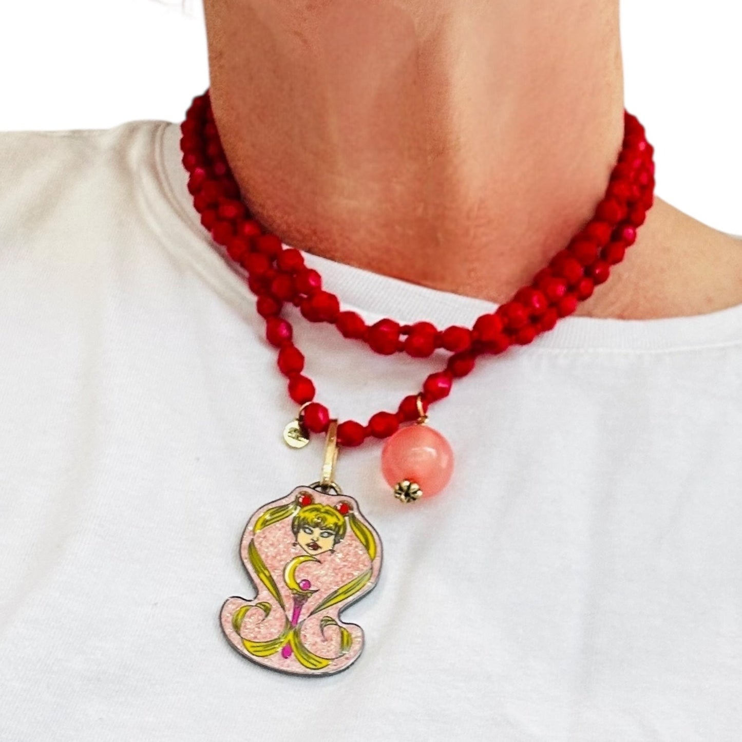 Angel Face Red and Pink Bespoke Vintage Necklace - 