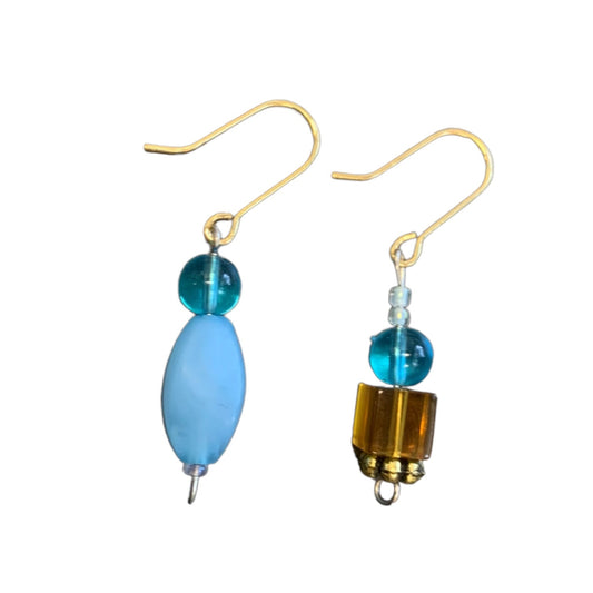 Beaded Blue and Gold Drop Earrings-earrings