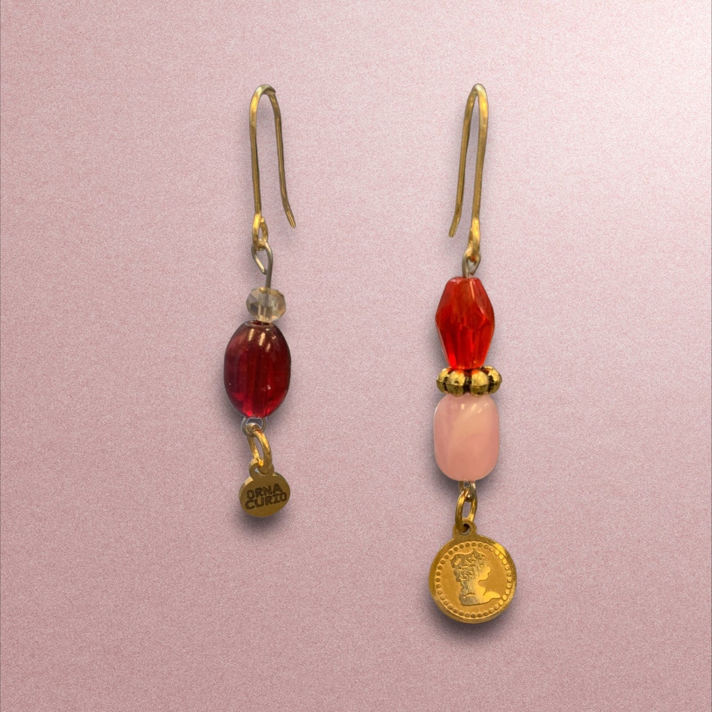 Beaded Pink and Ruby Red Drop Earrings-earrings