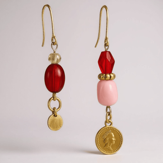 Beaded Pink and Ruby Red Drop Earrings - earrings