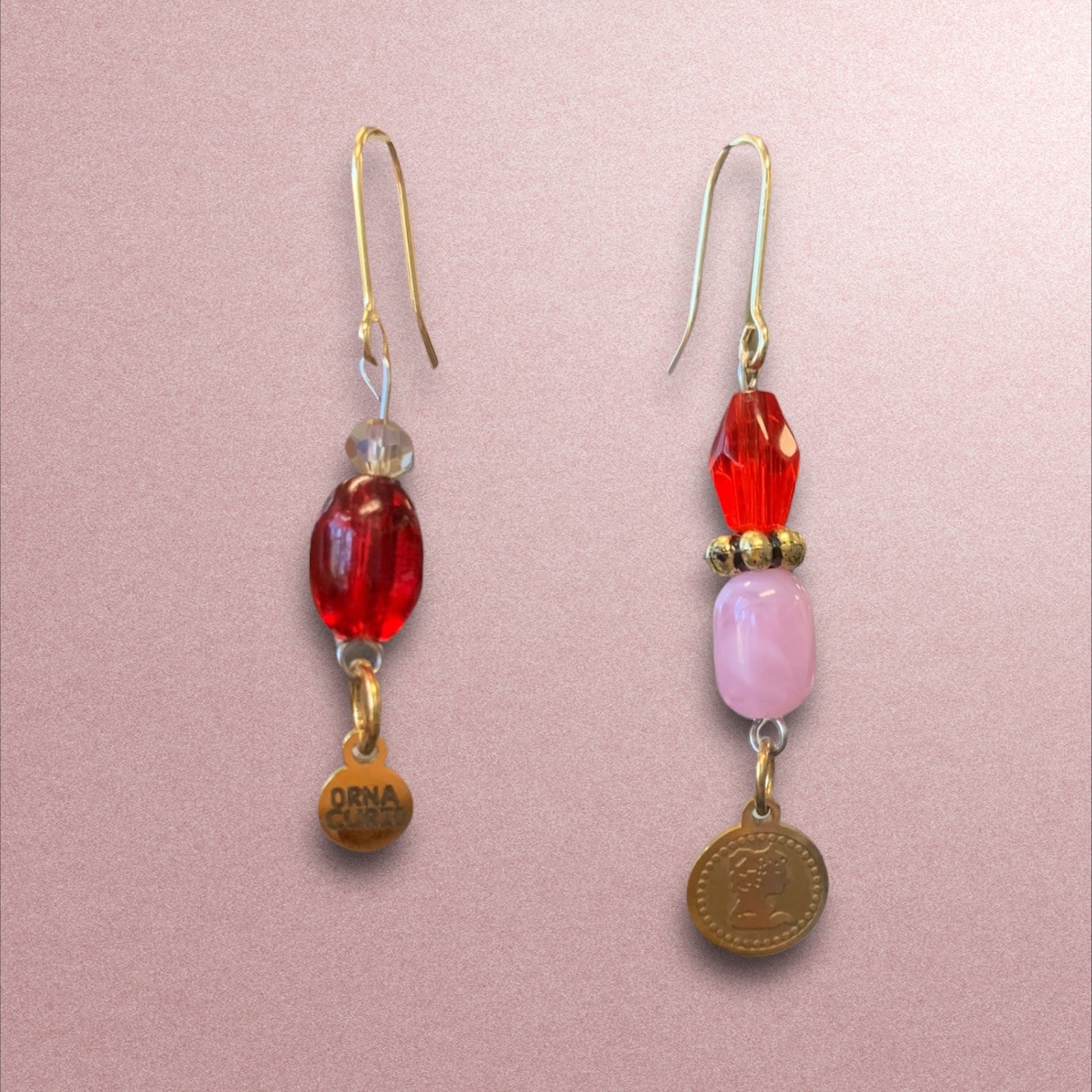 Beaded Pink and Ruby Red Drop Earrings-earrings