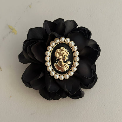Black Satin Cameo Floral Brooch - Brooch