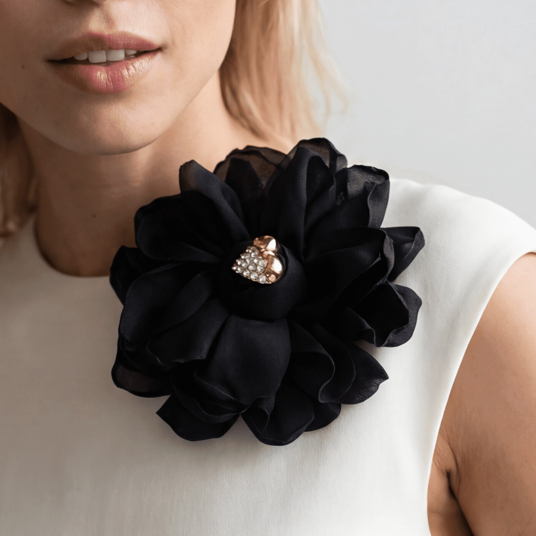 Black Silk and Vintage Heart Brooch - Brooch