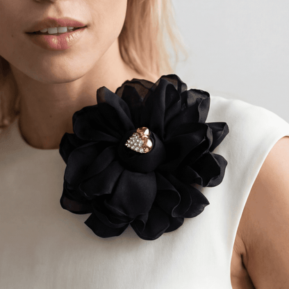 Black Silk and Vintage Heart Brooch - Brooch