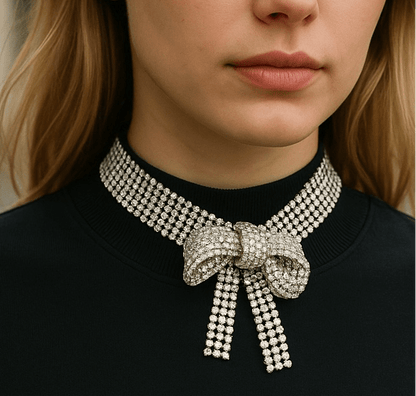 Bow Tie Rhinestones Silver Statement Choker Necklace - Necklace