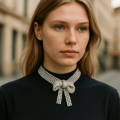 Bow Tie Rhinestones Silver Statement Choker Necklace - Necklace
