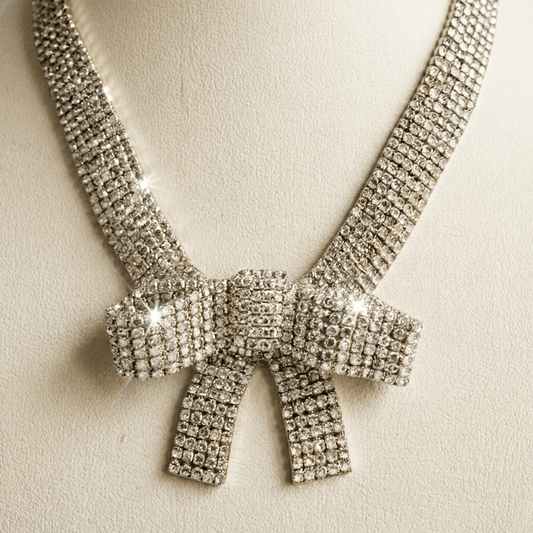 Bow Tie Rhinestones Silver Statement Choker Necklace - Necklace