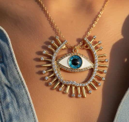 Bright Eyes Evil Eye Gold Statement Brooch Necklace - Brooch