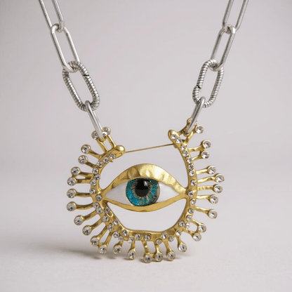 Bright Eyes Evil Eye Sterling Silver Statement Brooch Necklace - Brooch