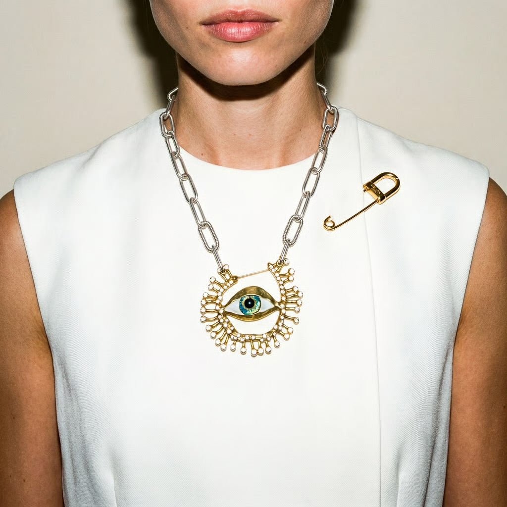 Bright Eyes Evil Eye Sterling Silver Statement Brooch Necklace - Brooch