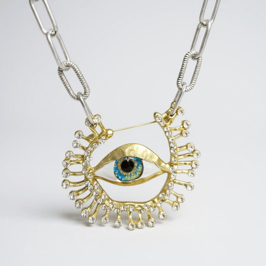 Bright Eyes Evil Eye Sterling Silver Statement Brooch Necklace - Brooch