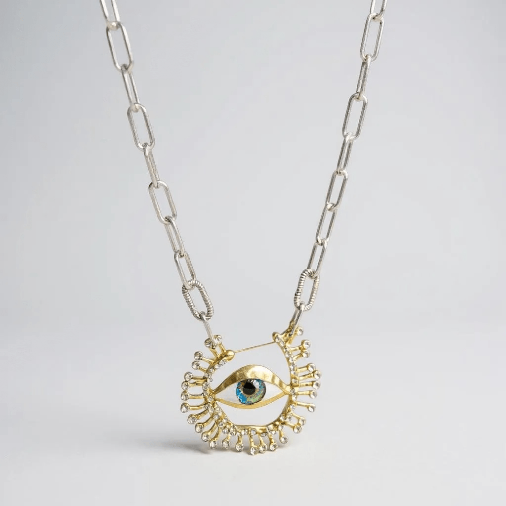 Bright Eyes Evil Eye Sterling Silver Statement Brooch Necklace - Brooch